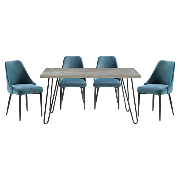 English Elm Modern Keene 5pc Dining Set with Oak Veneer Table and Velvet Upholstery on Hairpin Legs, Stylish Compact Design Blue 63.75 L x 39.5 W x 5.5 H B011S00578
