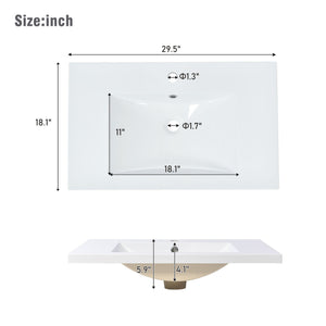English Elm [Sink 30x18 Inch Resin Bathroom Vanity Basin with Overflow & Single Faucet Hole, Durable White Countertop WF311024AAA