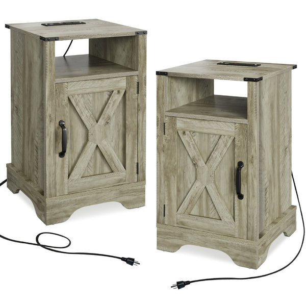 English Elm Farmhouse Rustic Nightstand Set of 2 with Built-in Charging Station and Open Display Shelf Light Grey B082134939