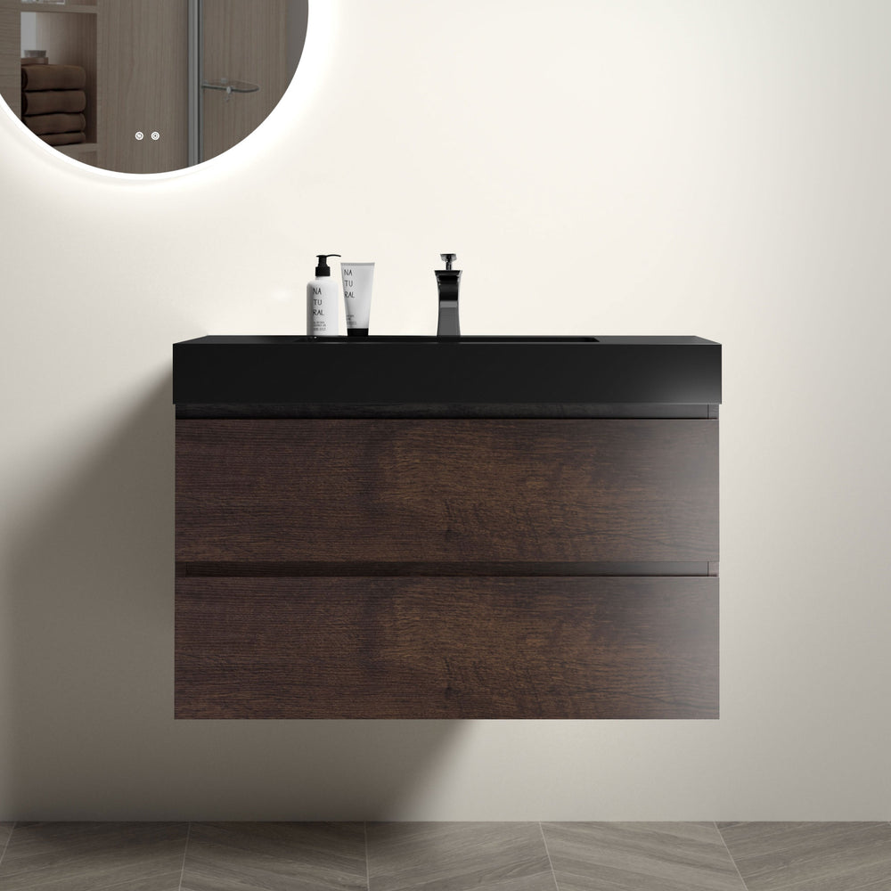 English Elm Alice 36" Walnut Bathroom Vanity With Black Sink - Modern Design, Large Storage & Easy Clean Features W1865S00009