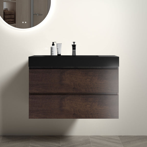 English Elm Alice 36" Walnut Bathroom Vanity With Black Sink - Modern Design, Large Storage & Easy Clean Features W1865S00009