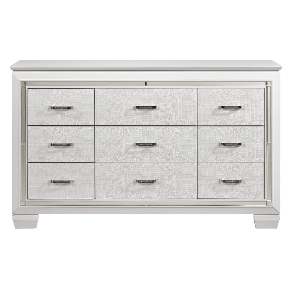 English Elm White Glam Allura Dresser 9-Drawer 64" Wide White Finish with Faux-Alligator Embossing & Crystal Hardware B011134416