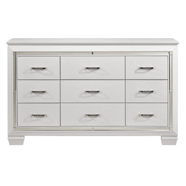 English Elm White Glam Allura Dresser 9-Drawer 64" Wide White Finish with Faux-Alligator Embossing & Crystal Hardware B011134416