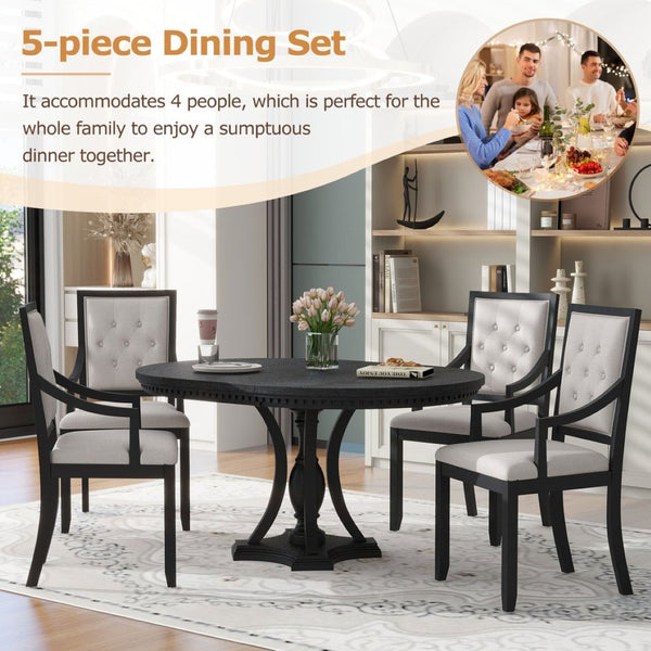 English Elm Trexm Retro Farmhouse Extendable Round Dining Set Oak Veneer Table with 4 Chairs ST000147AAB