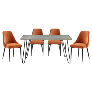 English Elm Modern Keene 5pc Dining Set with Oak Veneer Table and Velvet Upholstery on Hairpin Legs, Stylish Compact Design Orange 63.75 L x 39.5 W x 5.5 H B011S00580