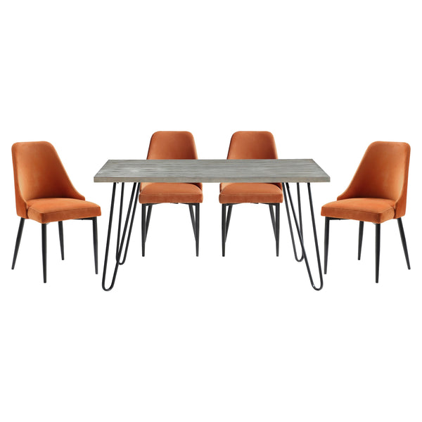 English Elm Modern Keene 5pc Dining Set with Oak Veneer Table and Velvet Upholstery on Hairpin Legs, Stylish Compact Design Orange 63.75 L x 39.5 W x 5.5 H B011S00580