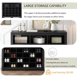 English Elm On-trend Rustic Brown Shoe Cubby Console Holds 24 Pairs with Curved Base Sideboard Black WF309308AAB