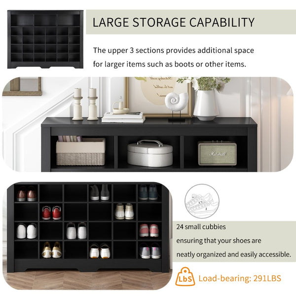 English Elm On-trend Rustic Brown Shoe Cubby Console Holds 24 Pairs with Curved Base Sideboard Black WF309308AAB