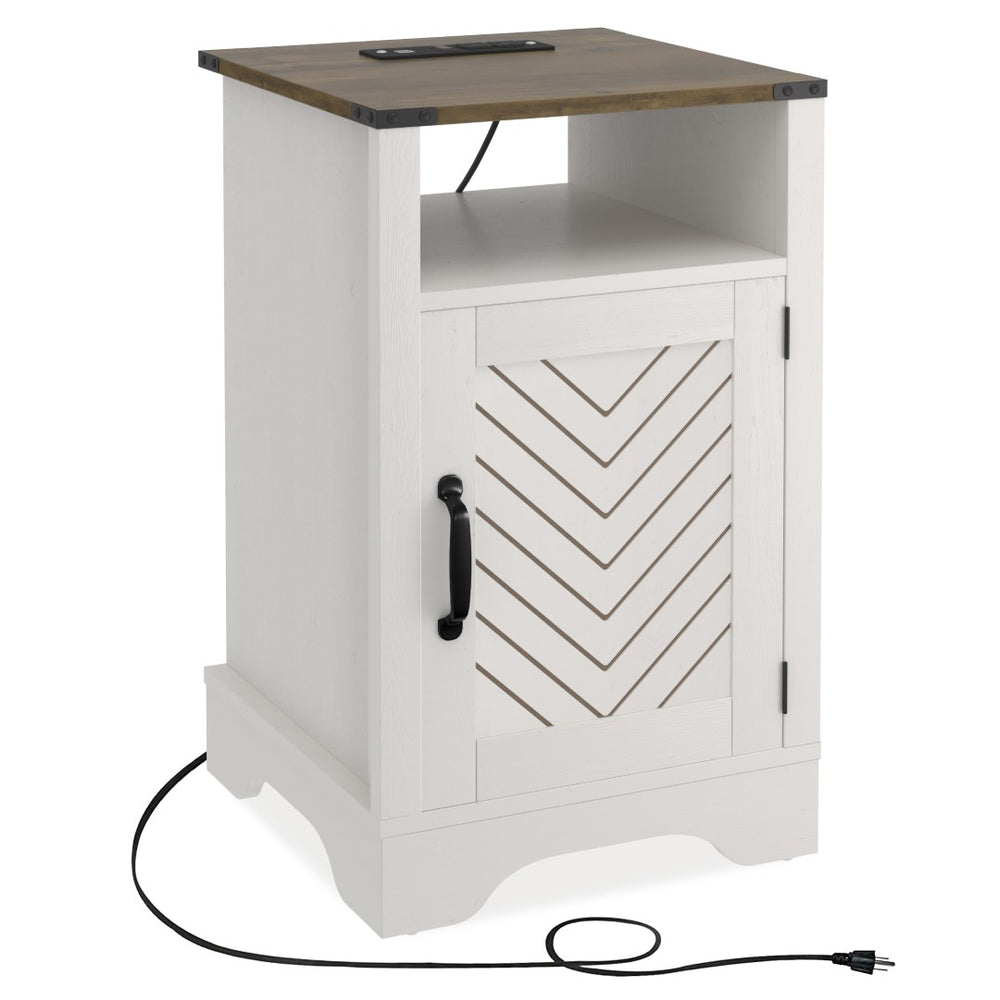 English Elm Farmhouse Rustic Nightstand Set of 2 with Built-in Charging Station and Open Display Shelf B082134943
