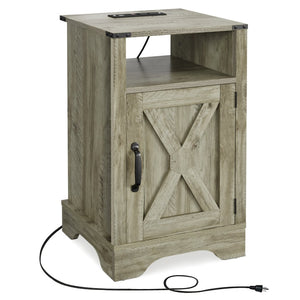 English Elm Farmhouse Rustic Nightstand Set of 2 with Built-in Charging Station and Open Display Shelf Light Grey B082134938