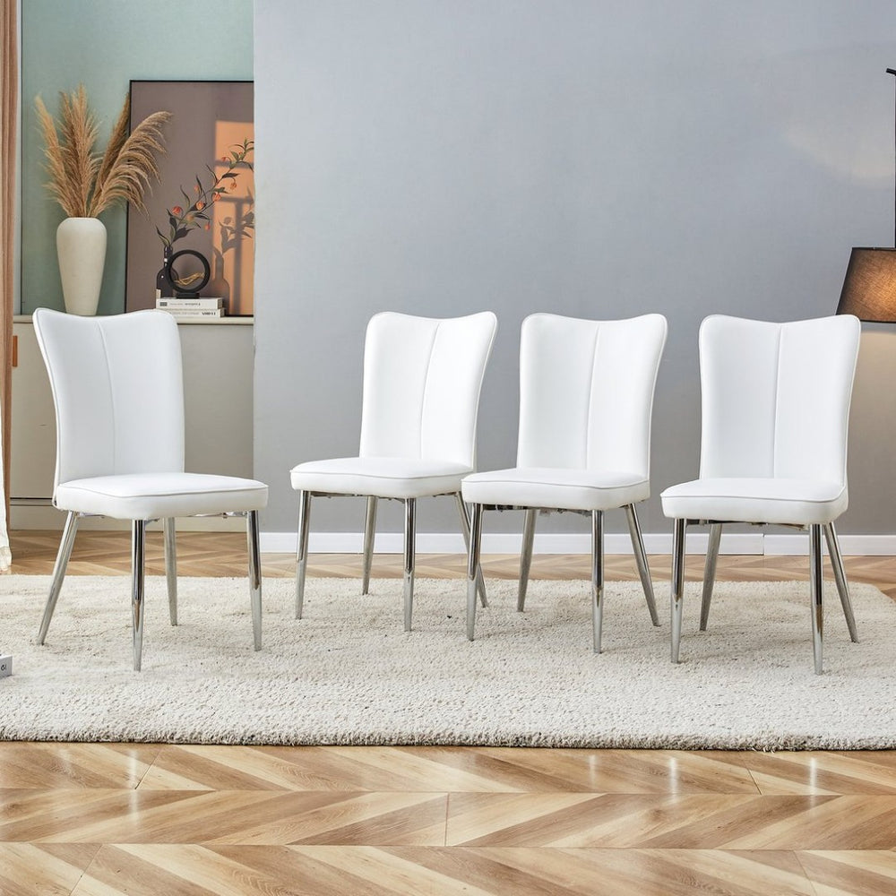 English Elm Modern White Pu Dining Chair Set of 4 with Silver Legs for Home or Office W1151P268760