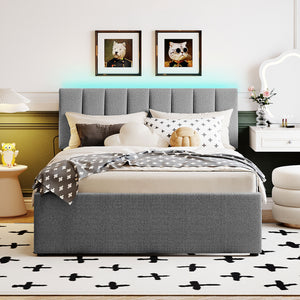 English Elm Teddy Upholstered Full Platform Bed with Twin Trundle, LED App-Control Night Light, Cozy Fleece Gray SF000045AAE