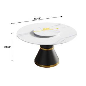 English Elm 53"Modern Round Dining Table With Lazy Susan - Durable Sintered Stone & Black Steel Base For 6 Seats W1535S00296