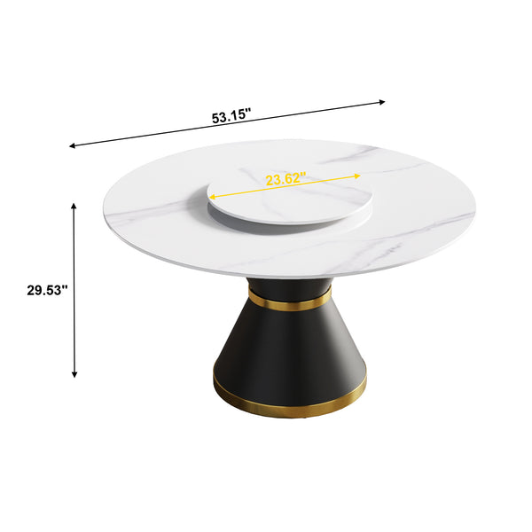 English Elm 53"Modern Round Dining Table With Lazy Susan - Durable Sintered Stone & Black Steel Base For 6 Seats W1535S00296