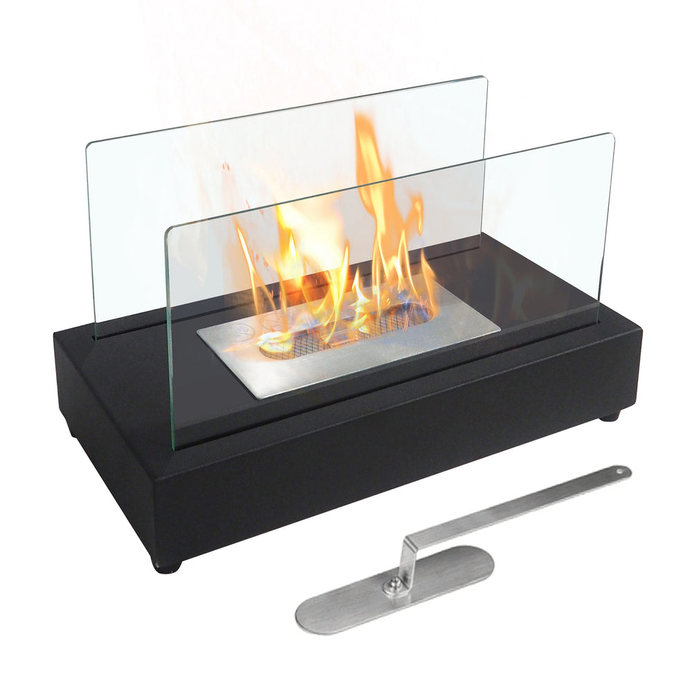 English Elm Rectangle Tabletop Bio Ethanol Fireplace Black — Portable Indoor/Outdoor Smokeless Fire Pit with Tempered Glass Safety and High-Temp Steel Base W1889134546