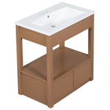 English Elm 30" Bathroom Vanity With Sink Top, Bathroom Cabinet With Open Storage Shelf and Two Drawers, Brown