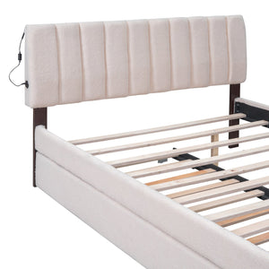 English Elm Teddy Upholstered Queen Platform Bed with Twin XL Trundle, LED Remote & App-Control Nightlight Romance Beige SF000046AAA-1