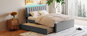 English Elm Teddy Upholstered Queen Platform Bed with Twin XL Trundle, LED Remote & App-Control Nightlight Romance Gray SF000046AAE