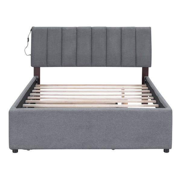 English Elm Teddy Upholstered Full Platform Bed with Twin Trundle, LED App-Control Night Light, Cozy Fleece Gray SF000045AAE