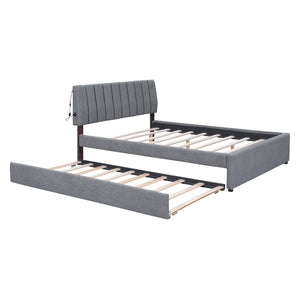 English Elm Teddy Upholstered Queen Platform Bed with Twin XL Trundle, LED Remote & App-Control Nightlight Romance Gray SF000046AAE