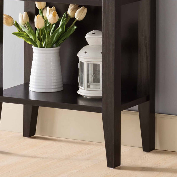 English Elm Wooden Espresso Floor Wine Rack with Glass Holders Four Shelves and Bottle Storage B107P239126