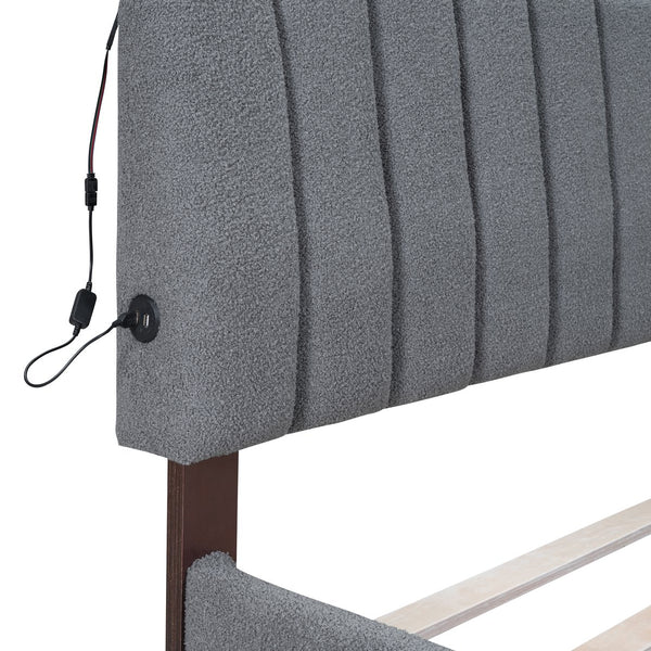 English Elm Teddy Upholstered Queen Platform Bed with Twin XL Trundle, LED Remote & App-Control Nightlight Romance Gray SF000046AAE