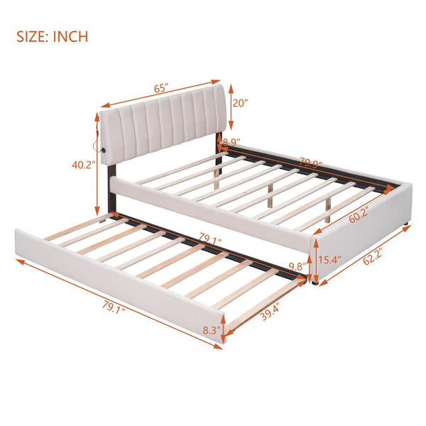 English Elm Teddy Upholstered Queen Platform Bed with Twin XL Trundle, LED Remote & App-Control Nightlight Romance Beige SF000046AAA-1