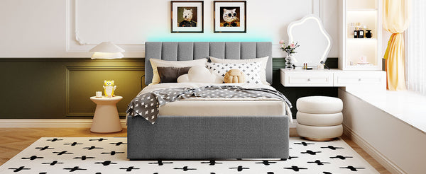 English Elm Teddy Upholstered Full Platform Bed with Twin Trundle, LED App-Control Night Light, Cozy Fleece Gray SF000045AAE