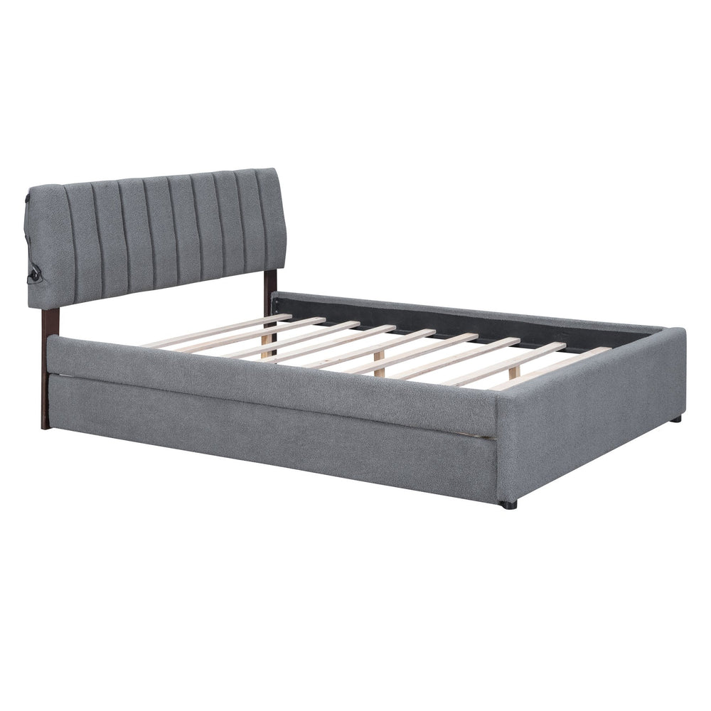 English Elm Teddy Upholstered Queen Platform Bed with Twin XL Trundle, LED Remote & App-Control Nightlight Romance Gray SF000046AAE