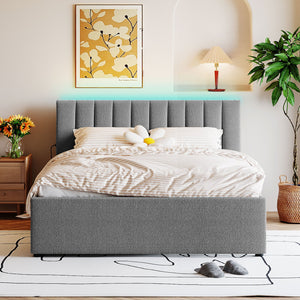 English Elm Teddy Upholstered Queen Platform Bed with Twin XL Trundle, LED Remote & App-Control Nightlight Romance Gray SF000046AAE
