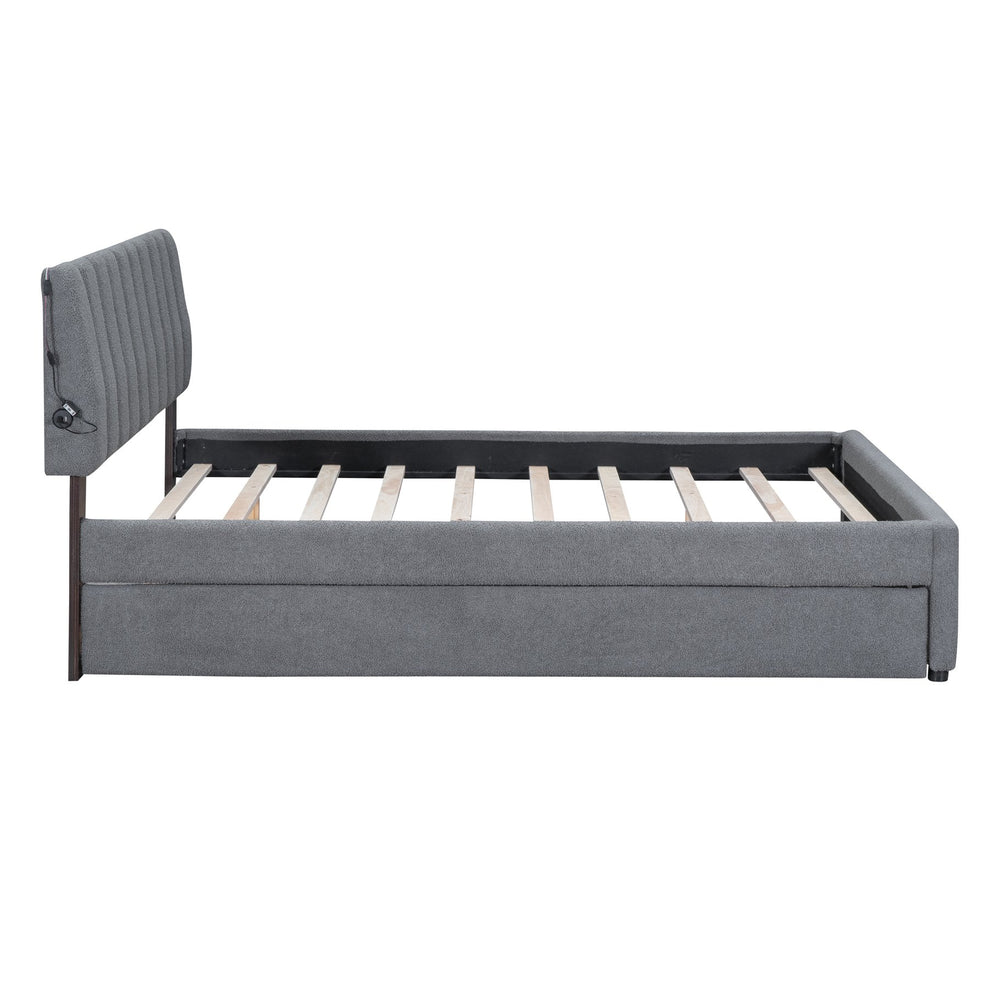 English Elm Teddy Upholstered Queen Platform Bed with Twin XL Trundle, LED Remote & App-Control Nightlight Romance Gray SF000046AAE