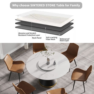 English Elm 53"Modern Round Dining Table With Lazy Susan - Durable Sintered Stone & Black Steel Base For 6 Seats W1535S00296