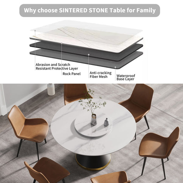 English Elm 53"Modern Round Dining Table With Lazy Susan - Durable Sintered Stone & Black Steel Base For 6 Seats W1535S00296