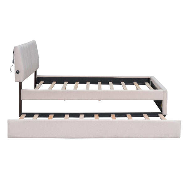 English Elm Teddy Upholstered Full Platform Bed with Twin Trundle, LED App-Control Night Light, Cozy Fleece Beige SF000045AAA