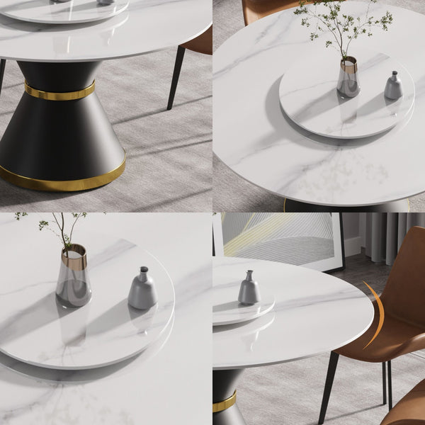English Elm 53"Modern Round Dining Table With Lazy Susan - Durable Sintered Stone & Black Steel Base For 6 Seats W1535S00296