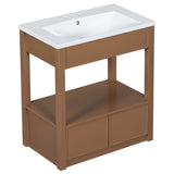 English Elm 30" Bathroom Vanity With Sink Top, Bathroom Cabinet With Open Storage Shelf and Two Drawers, Brown