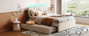 English Elm Teddy Upholstered Full Platform Bed with Twin Trundle, LED App-Control Night Light, Cozy Fleece Beige SF000045AAA