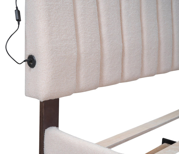 English Elm Teddy Upholstered Queen Platform Bed with Twin XL Trundle, LED Remote & App-Control Nightlight Romance Beige SF000046AAA-1