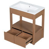 English Elm 30" Bathroom Vanity With Sink Top, Bathroom Cabinet With Open Storage Shelf and Two Drawers, Brown