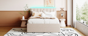 English Elm Teddy Upholstered Full Platform Bed with Twin Trundle, LED App-Control Night Light, Cozy Fleece Beige SF000045AAA
