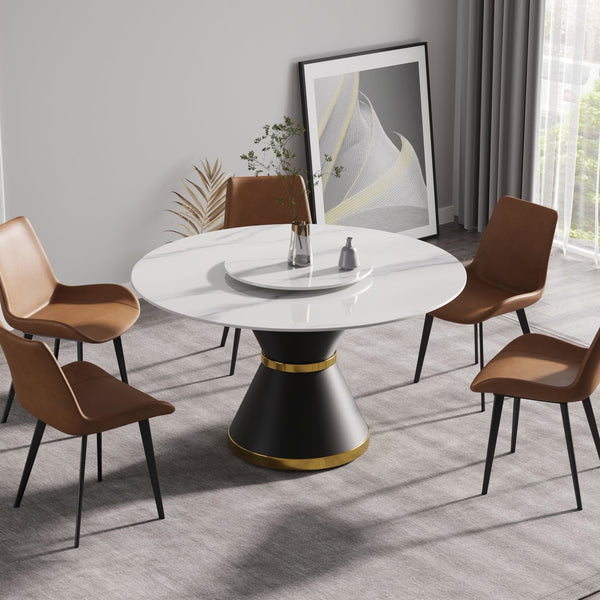 English Elm 53"Modern Round Dining Table With Lazy Susan - Durable Sintered Stone & Black Steel Base For 6 Seats W1535S00296