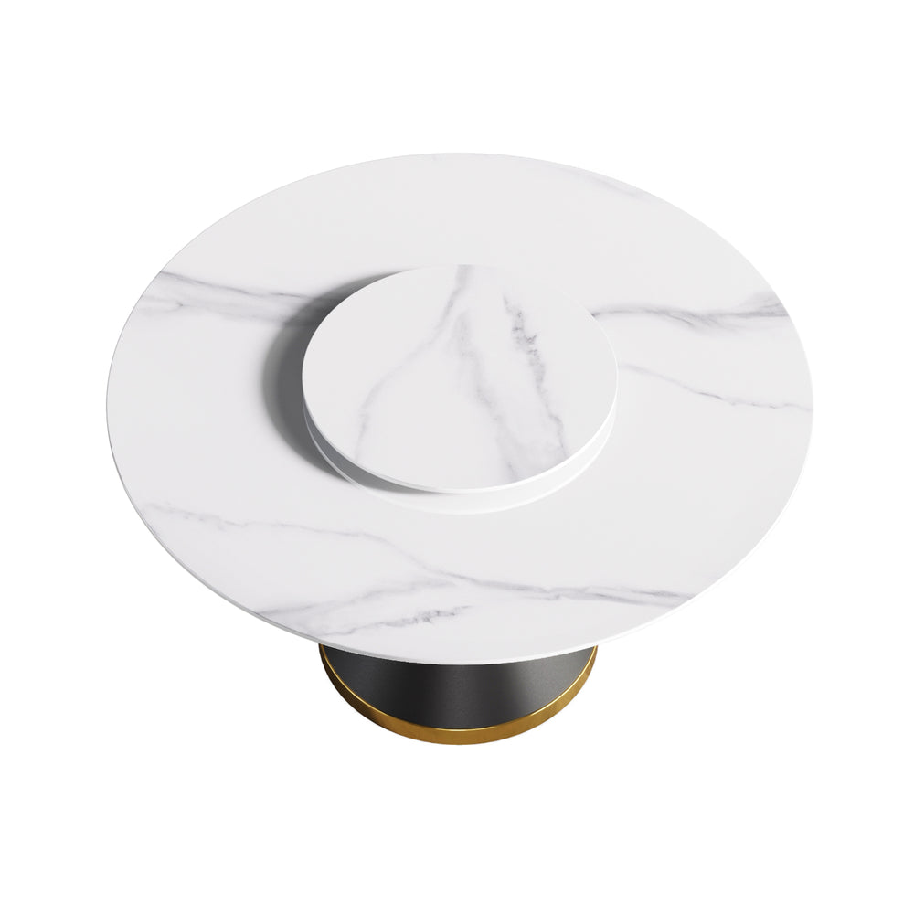 English Elm 53"Modern Round Dining Table With Lazy Susan - Durable Sintered Stone & Black Steel Base For 6 Seats W1535S00296