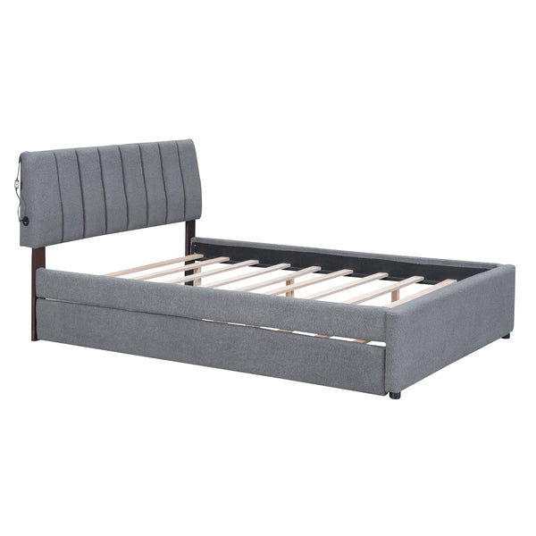 English Elm Teddy Upholstered Full Platform Bed with Twin Trundle, LED App-Control Night Light, Cozy Fleece Gray SF000045AAE