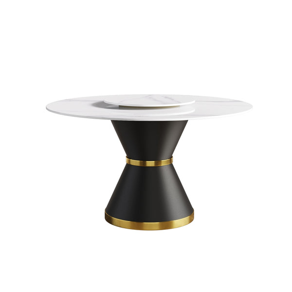 English Elm 53"Modern Round Dining Table With Lazy Susan - Durable Sintered Stone & Black Steel Base For 6 Seats W1535S00296