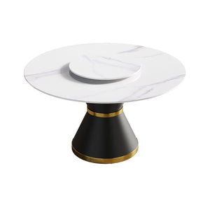 English Elm 53"Modern Round Dining Table With Lazy Susan - Durable Sintered Stone & Black Steel Base For 6 Seats W1535S00296