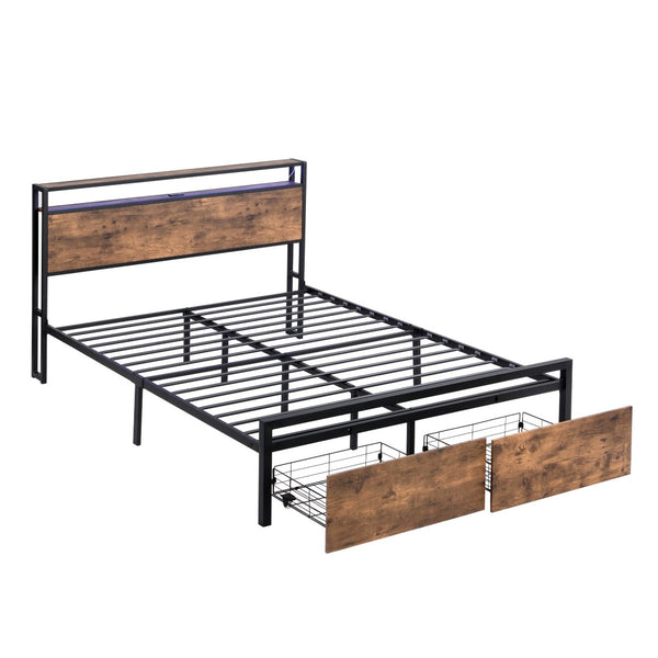 English Elm Full Storage Platform Bed Industrial Metal Frame Rgb Headboard with Charging Station W1916126252
