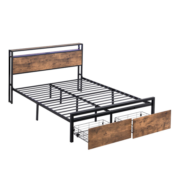 English Elm Queen LED Bed Frame with Storage Headboard, 2 Drawers, Fast Charging Ports, Metal Slats, Silent Support W1916126253