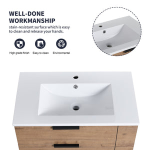 English Elm 30 Inch Wall-Mounted Bathroom Vanity With Resin Sink, Soft-Close Drawers, & Adjustable Shelf W999S00086