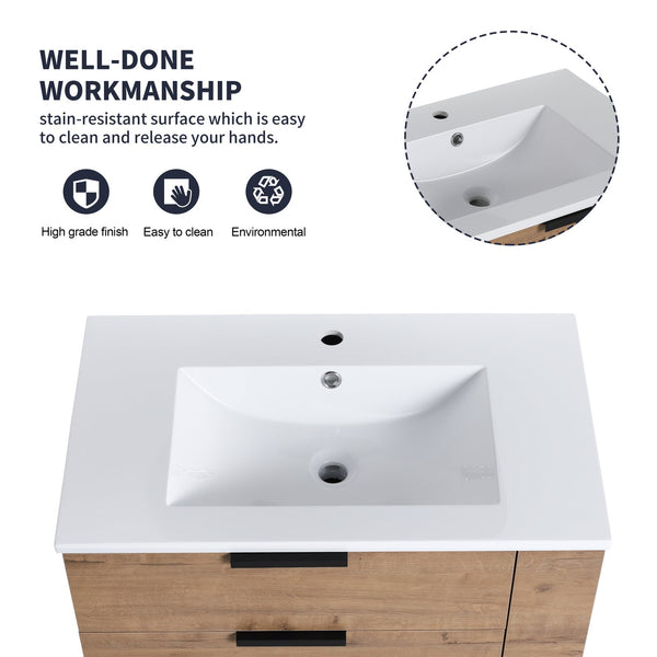 English Elm 30 Inch Wall-Mounted Bathroom Vanity With Resin Sink, Soft-Close Drawers, & Adjustable Shelf W999S00086