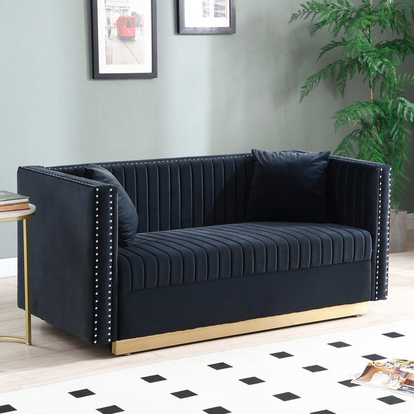 English Elm Contemporary Velvet Channel Tufted Loveseat Sofa - Modern Upholstered 2-Seater with Pillows, Sleek Apartment Style Black W1117P147303
